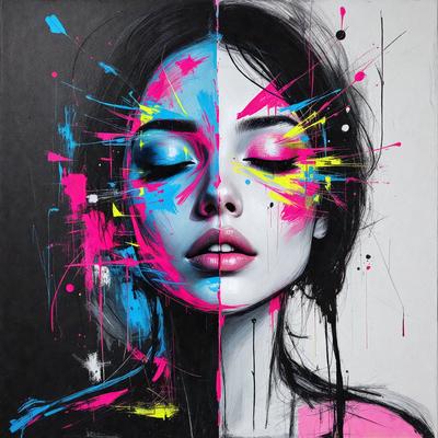 The primary subject of the image is a woman with a colorful and artistic appearance. She is depicted with a mix of blue and pink colors, giving her a unique and vibrant look. The setting is a black background, which contrasts with the woman's colorful features. The visual style of the image is a combination of digital art and illustration, creating a striking and eye-catching portrait. The overall atmosphere of the image is lively and energetic, reflecting the woman's vibrant
